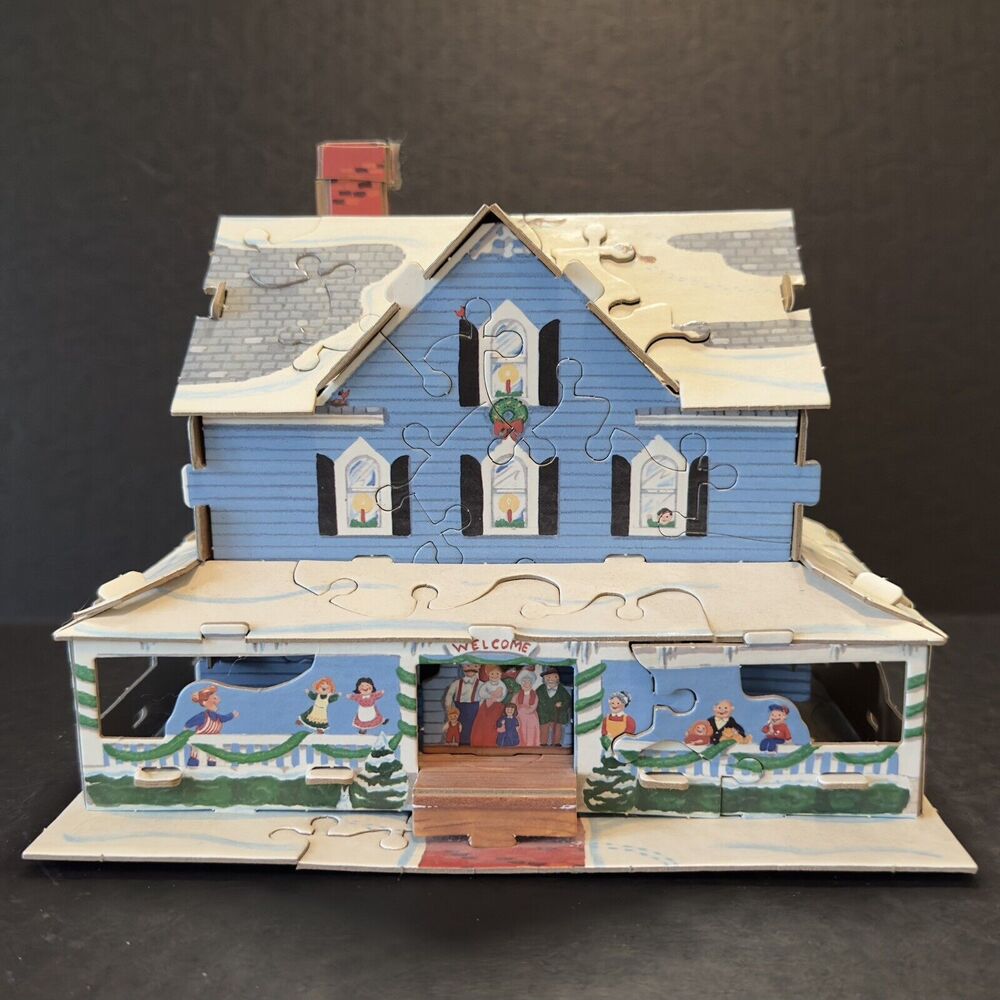 Rose Art 3D puzzle Our House Blue Holiday Christmas Family 1994 No Box VTG